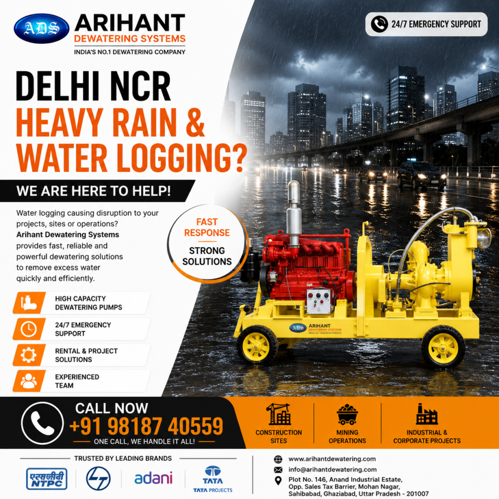Delhi-NCR Braces for Another Spell of Heavy Rain as IMD Issues Orange Alert

New Delhi, July 11: After two consecutive days of intense rainfall, Delhi-NCR residents woke up to cloudy skies, cool winds, and pleasant weather on Friday. While the improved conditions brought temporary relief from high humidity, the India Meteorological Department (IMD) has warned that the respite may be short-lived.

The weather department has issued an Orange Alert for Delhi-NCR, forecasting another round of heavy rainfall that could trigger waterlogging, traffic congestion, and disruptions across the region. Authorities have advised residents to remain cautious, avoid unnecessary travel during periods of intense rain, and stay updated with official weather advisories.

According to the IMD, rainfall intensity is expected to gradually reduce after July 11, but heavy showers throughout the day may continue to affect low-lying areas, roads, construction sites, and industrial zones.

The impact of the monsoon is being felt beyond the capital as well. Several districts in Uttar Pradesh remain under Red and Orange Alerts, with the possibility of extremely heavy rainfall in parts of western and central UP. Meanwhile, rainfall activity is expected to ease across most parts of Maharashtra, although districts including Pune and Satara continue to remain under an Orange Alert.

Earlier this week, the IMD confirmed that the Southwest Monsoon had covered the entire country on July 9, just one day later than its normal arrival date, marking the completion of its seasonal advance across India.

Waterlogging Remains a Major Concern

With heavy rainfall expected to continue, waterlogging is likely to pose significant challenges for construction projects, industrial facilities, commercial complexes, and mining operations. Flooded work sites can delay ongoing projects, damage equipment, and disrupt business operations if excess water is not removed promptly.

Industry experts recommend that businesses operating in vulnerable locations take preventive measures and ensure that emergency dewatering systems are readily available to minimize downtime.

Arihant Dewatering Systems Offers Emergency Support

To help businesses manage monsoon-related flooding, Arihant Dewatering Systems is providing 24/7 emergency dewatering services across Delhi-NCR. The company offers high-capacity dewatering pumps, rental solutions, and experienced technical support to quickly remove accumulated water from construction sites, industrial facilities, basements, and other affected areas.

With rapid response services and reliable pumping solutions, Arihant Dewatering Systems aims to help organizations maintain operational continuity despite challenging weather conditions.

As the monsoon remains active across northern India, authorities continue to urge residents and businesses to stay prepared, follow official weather updates, and take necessary precautions against heavy rainfall and waterlogging.